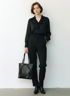 Cartera de Cuero Lazo Midi Negra Croco