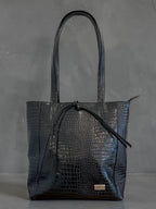 Cartera de Cuero Lazo Midi Negra Croco
